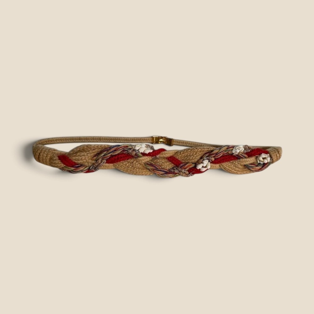 Boho Braided Rope Belt with Cowrie Shells Tan Red Gold Clasp Coastal Nautical